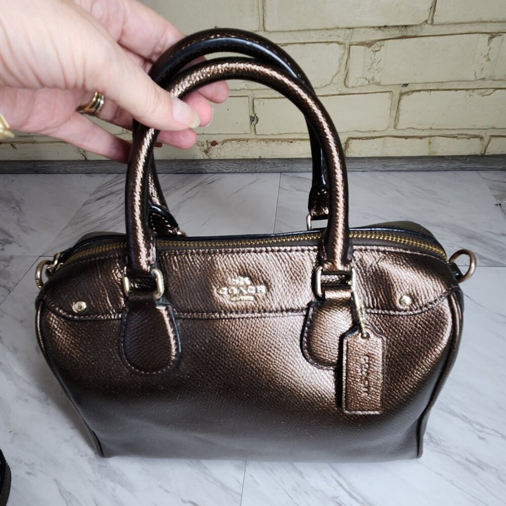 Like New Coach Bennett Satchel Bronze Leather Shoulder Crossbody Bag Purse - Picture 6 of 14